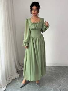 Modelyn Women Square Neck Pleat Detail Dress, Fashionable For Summer - Green - View 5