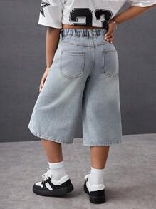 SHEIN Short en jean ample retro lavé bleu clair à taille haute, style streetwear décontracté polyvalent pour préadolescentes, shorts en jean ample long jambe large, shorts d'été bohème pour vacances à la plage, tenues casual pour concerts d'été et festivals, tenues d'été pour brunch, église, remise de diplômes, tenues de rentrée scolaire streetwear