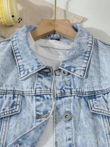 Teen Girls Washed Single-Breasted Ripped Long Sleeve Cropped Denim Jacket Fall Winter