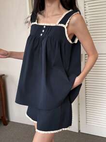 DAZY 2pcs Women Floral Lace Trim Camisole Top And Shorts Pajamas Set - Navy Blue - View 1