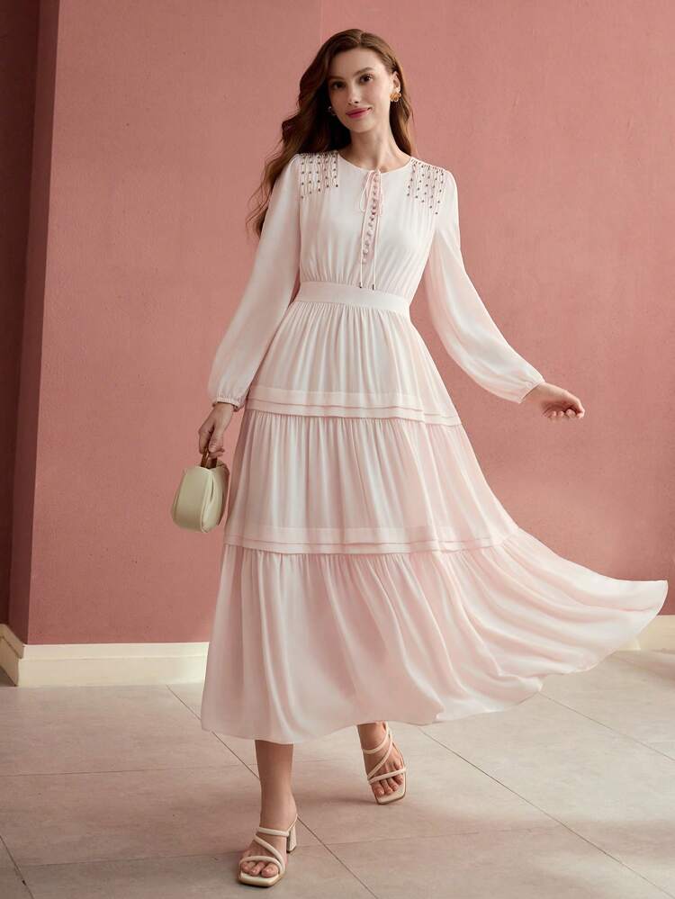 BEADED DETAIL GATHERED DRESS