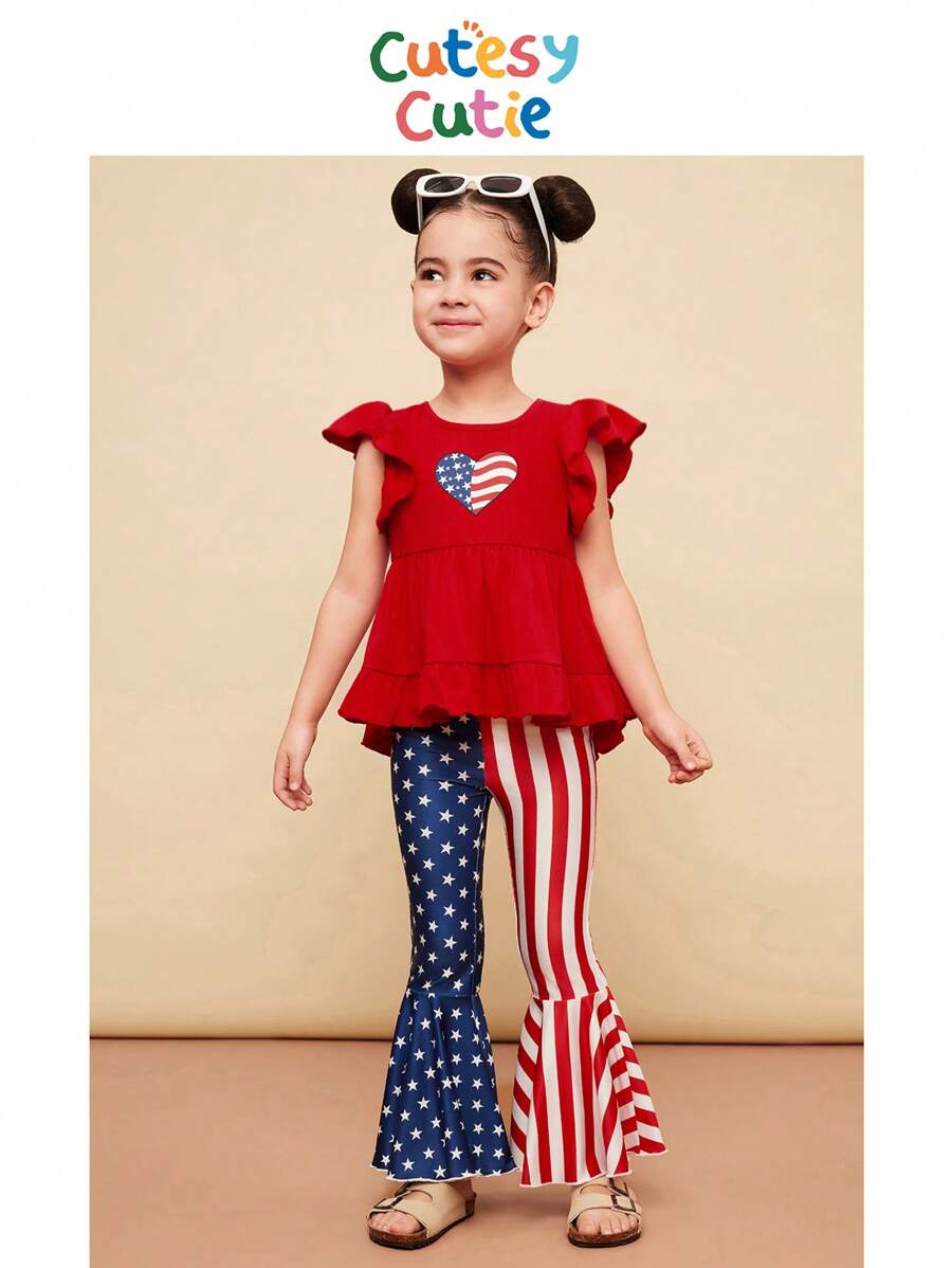 Conjunto de 2 piezas para niña joven con Top de cuello redondo con volantes y estampado de bandera de EE. UU. y pantalones ajustados con vuelo - Multicolor - Ver 1