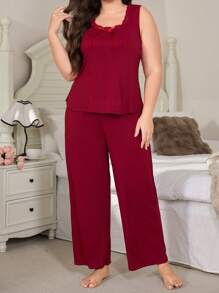 SHEIN Plus Size Solid Color Lace Trim Bow Decor Rib Knit Tank Top & Pants Pajama Set, Outfits - Burgundy - View 5