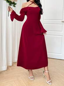 Modelyn Vestido ajustado para fiesta/boda con hombros descubiertos, lazada y fruncido - Rojo - Ver 1