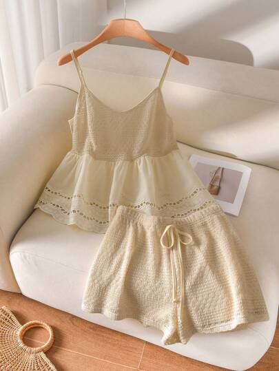 CosyJoli Conjunto de camisola y pantalones cortos de tela texturizada con parches y bordados, para vacaciones, talla grande