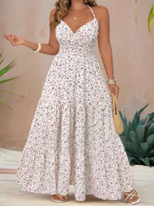 SHEIN Clasi Ditsy Floral Dress With V-Neck Design, Strappy Sleeveless, Plus Size, Yellow Ground, Summer Vacation, Flattering Neck Line - White - View 8