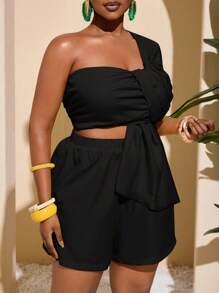 Slaydiva 大码打结前T恤+宽松短裤两件套，度假风亮色 - 黑色 - 查看 4