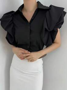 INAWLY 女式夏季休闲纯色黑色泡泡袖衬衫 - 黑色 - 查看 3
