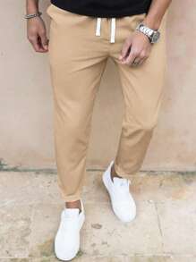 Manfinity Homme Men's Solid Color Casual Slim Fit Straight Leg Casual Pants, Fall - Khaki - View 3