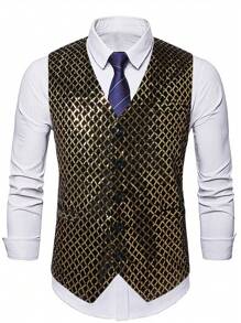 Manfinity Mode All-Over Print Business V-Neck Button Front Men's Luxury Suit Vest - Gold - View 4