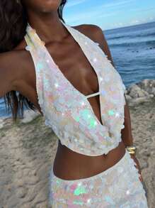 Opulessa Blusa de mujer con cuello drapeado con cuentas de color liso - Rosa - Ver 3