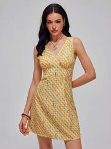 Roylia Women V-Neck Sleeveless Waist Cinched Yellow Floral Print Dress - Yellow - View 3