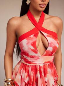 Vixey Large Floral Chiffon Front Cut Out Halter Neck Ruffle Hem Maxi Top, Wedding Guest Dress Women, Tea Party Dress