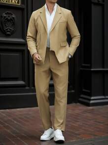 Manfinity Mode Setelan Jas Pria 2 Potong Slim Fit, Jas Bisnis dan Celana untuk Pria, Jas Kasual untuk Pria, Jas Pria, Jas Formal Pria - Khaki - View 5