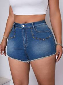 SHEIN ICON Pantalones cortos de mezclilla vintage lavada talla grande para mujer, frescos y elegantes para el verano - Azul lavado medio - Ver 5