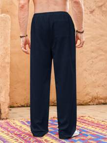 Manfinity VCAY 男士基本款夏季度假轻便宽松亚麻沙滩裤 - 藏蓝色 - 查看 2