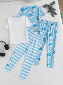 The Smurfs X SHEIN Ensemble Top manches courtes décontracté à épaules tombantes et pantalon rayé bleu pour jeune garçon, motif de bande dessinée