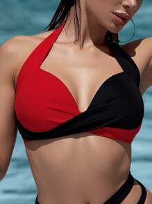 Swim Chiccia Contrast Color Cross-Wrap V-Neck Halter Backless Bikini Top For Summer Beach Vacation - Multicolor - View 2