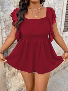 SHEIN LUNE Áo cánh tay rộng cổ vuông thường ngày cho nữ cỡ lớn - Đỏ - Xem 3