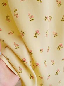 Sweetra 黄色碎花优雅甜美法式不对称荷叶边下摆性感开叉长裙，度假风 - 黃色 - 查看 6