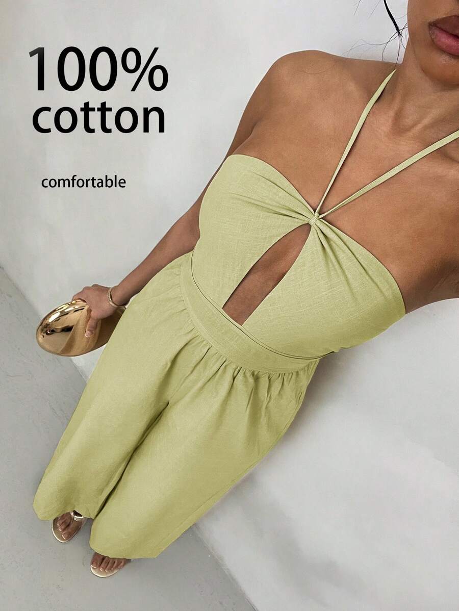 Glamine Combinaison ample élégante en lin avec encolure ras-du-cou pour femmes, vêtements de vacances - Vert olive - Voir 1