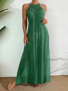 Swim Basics Women Crew Neck Sleeveless Hollow-Out Casual Sheer Long Cover Up For Summer Beach Vacation - Army Green - View 4