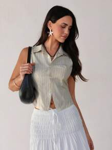 Roylia Striped Shirt Collar Cardigan, Fitted Sleeveless Cropped Shirt - Khaki - View 1