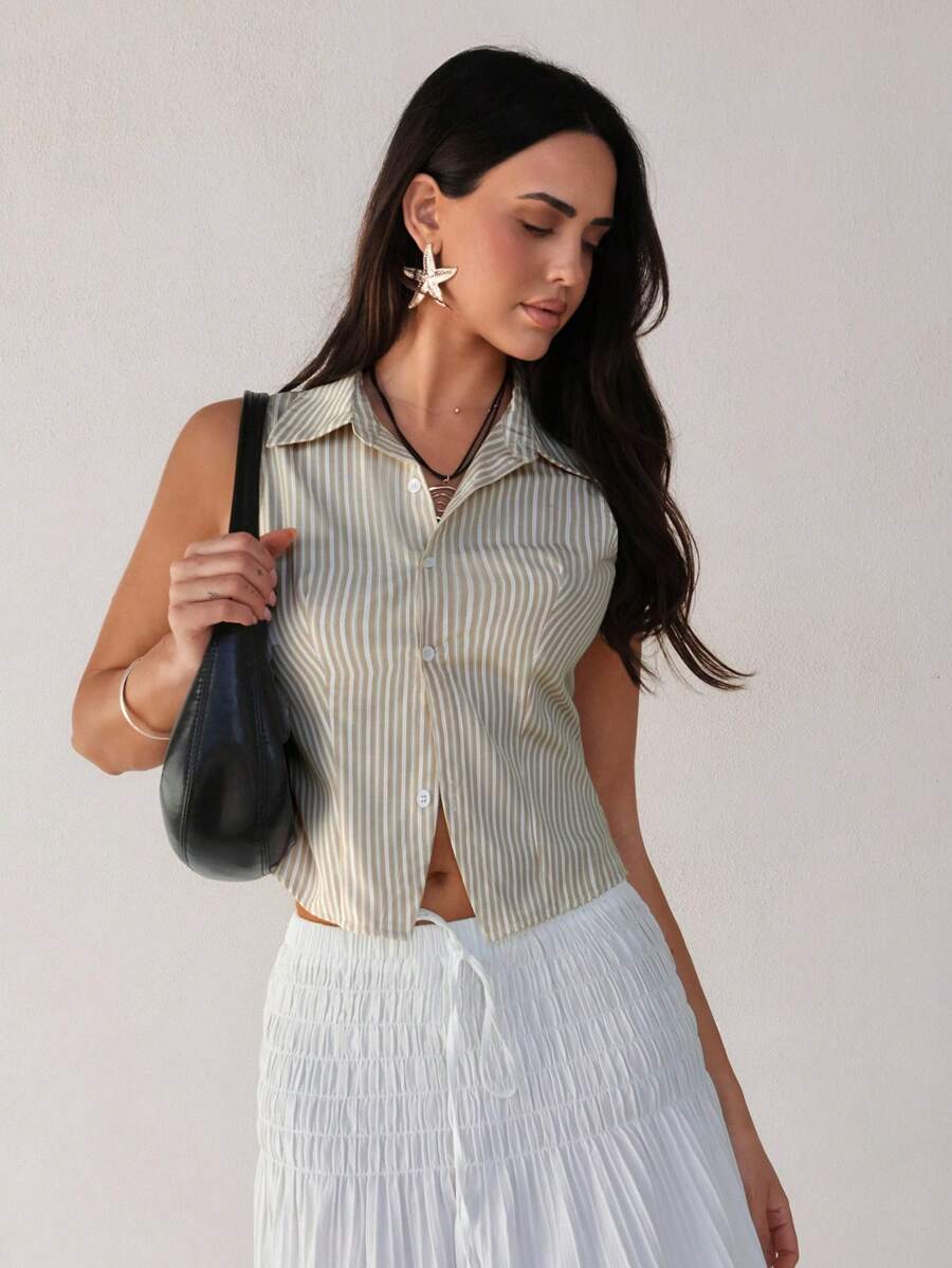 Roylia Striped Shirt Collar Cardigan, Fitted Sleeveless Cropped Shirt - Khaki - View 1