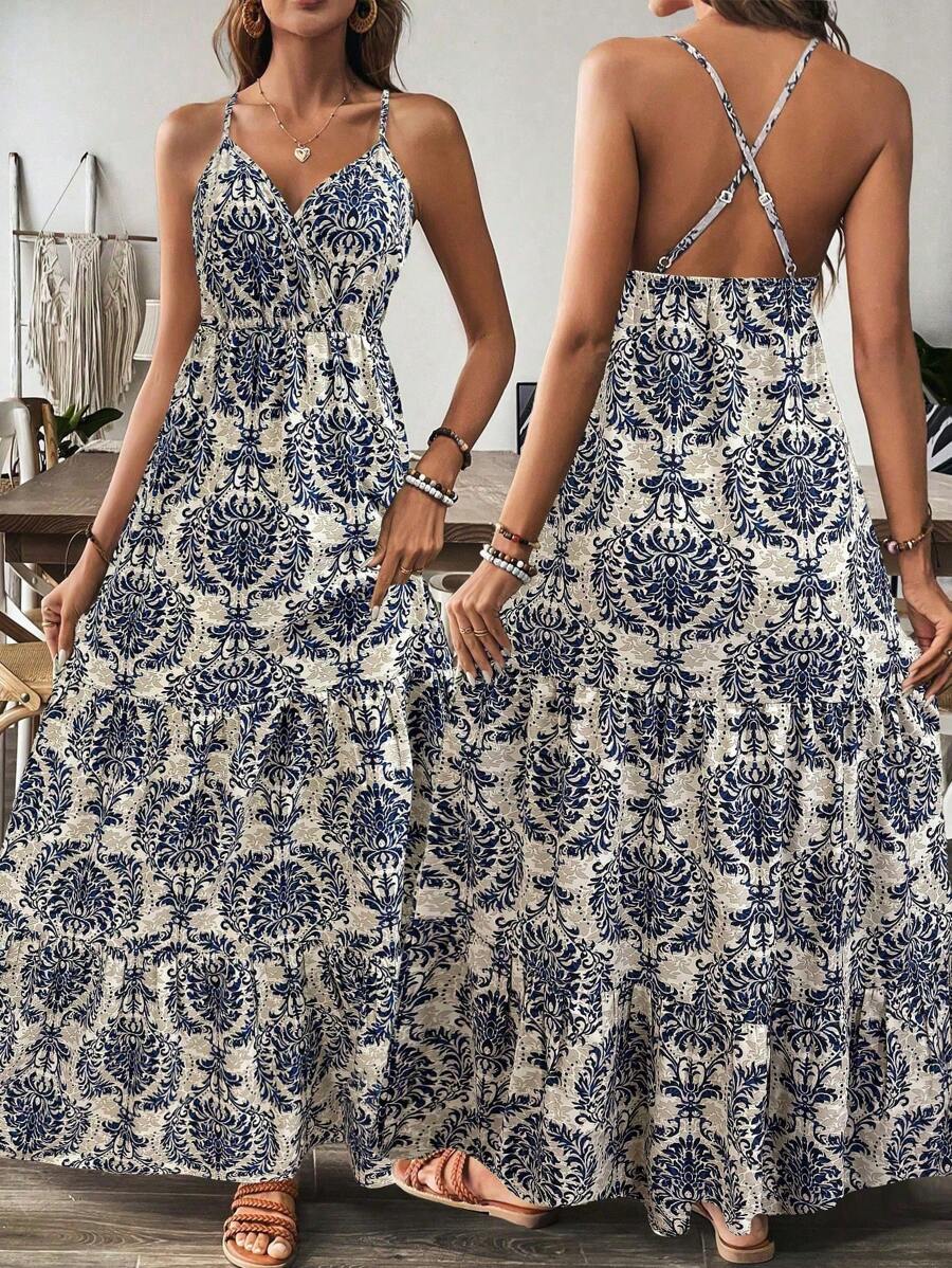 SHEIN PETITE Women's Summer Casual Vacation Apricot Background Green Floral Paisley Print Sleeveless Hollow Out Waist Dress - Blue - View 1