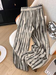 SHEIN LUNE Women's Casual Daily Striped Loose Straight Leg Pants - Black and White - View 2