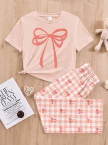 SHEIN 青少年女孩两件套宽松休闲短袖长裤睡衣套装