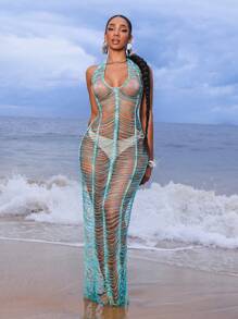 Swim SXY Vacation Beach See-Through Backless Halter Neck Coverup Dress For Summer - Blue - View 3