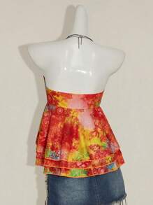 SHEIN ICON 女士印花露肩露肩无袖短款荷叶边上衣，夏季 Y2K 派对 - 黃色 - 查看 2