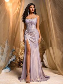 Glamrae Elegante y lujoso vestido de punto fruncido con abertura, decorado con cuentas y cristales, adecuado para bodas, fiestas, vacaciones, galas y ocasiones formales (con gran cantidad de decoración), vestido de fiesta, vestido de gala, para la noche, invitado de boda