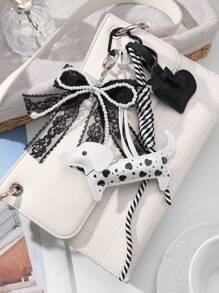 ROMWE Kawaii 1 件 Miu 风格精致可爱百搭甜美高品质手工串珠白色仿珍珠黑色蕾丝蝴蝶结多层皮革心形腊肠犬编织绳 DIY 钥匙扣/包包饰物，适合女孩和女士日常穿着，节日礼物 - 黑與白 - 查看 9