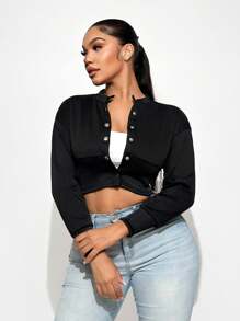 Sirith Autumn Casual Plain Color Cropped Jacket Fall Winter Cloth For Women - Black - View 4