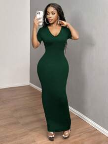 SHEIN SXY 女士纯色 V 领紧身短袖连衣裙 Hoco Dresses - 墨綠色 - 查看 3