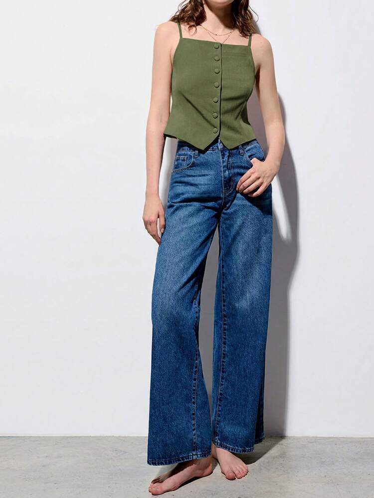 SHEIN Maija Spring/Summer New Mustard Green Front Open Single-Breasted Mushroom Button Waist Cinched Women's Suit Jumpsuit, Elegant For Commuting