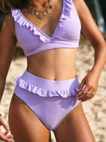 Swim Vcay 2 bộ bikini cạp cao cổ chữ V sâu gợi cảm cho nữ & trang phục đi biển - Màu tím hoa cà - Xem 1