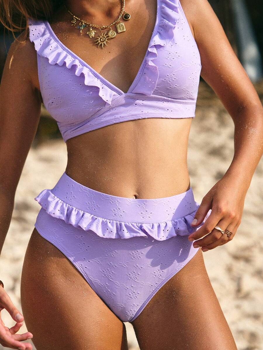 Swim Vcay 2 bộ bikini cạp cao cổ chữ V sâu gợi cảm cho nữ & trang phục đi biển - Màu tím hoa cà - Xem 1