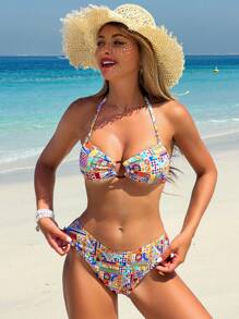 Swim Vcay BOHO Print And Material Bandeau Bikini Set For Summer Vacation - Multicolor - View 4