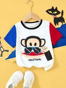 Paul Frank X SHEIN Camiseta de manga corta casual y versátil con estampado de gafas de sol y mono de dibujos animados para niño pequeño - Blanco - Ver 6