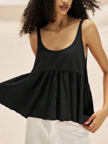 Easelle Women's Summer Pure Cotton Knit Patchwork A-Line Retro Casual Cami Top - Black - View 5