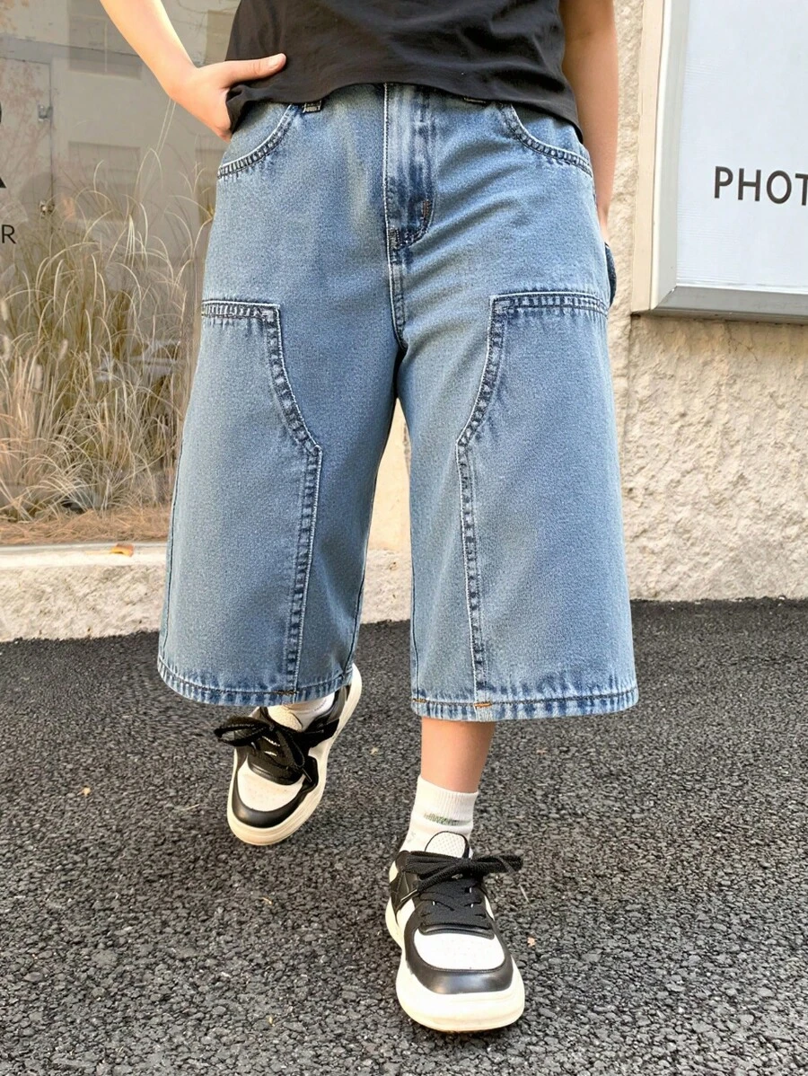 SHEIN سروال جينز كاجوال فضفاض بتصميم Y2k ذو قدم واسعة للأولاد المراهقين، بتصميم أزرق فاتح، ملابس أطفال مناسبة للبس اليومي وفصل الصيف والربيع