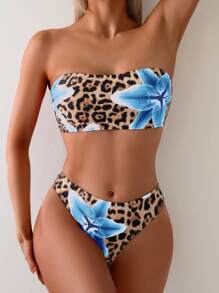 Women's 2pcs Leopard Print & Tropical Flower Vacation Casual Sexy Halter Bandeau Bikini Set For Summer - Multicolor - View 1