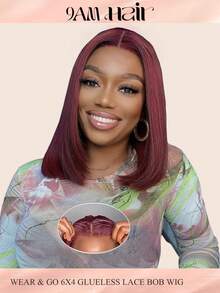 无胶鲍勃假发真人发 6x4 99j 勃艮第蕾丝前假发真人发 8-16 英寸巴西直发假发女士 - S99J - 查看 2