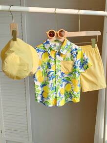 SHEIN Bộ 3 món/Bộ đồ thể thao thường ngày dễ thương cho bé trai, áo sơ mi cổ bẻ, quần short và mũ, thích hợp mặc hàng ngày, đi học, du lịch, thể thao, xuân/hè, nghỉ mát - Nhiều màu - Xem 8