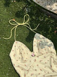 Comfortcana New Summer Beach Dress Vacation Outfits Butter Yellow Ditsy Floral Holiday Summer Bodysuit Seaside Beach