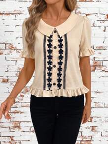 SHEIN Clasi Áo thun nữ tay ngắn cài nút phía trước màu trơn, trang phục thường ngày, áo đi chơi, áo sơ mi nữ mùa hè kiểu đồng quê dành cho nữ áo sơ mi nữ mùa hè cài nút dành cho nữ kiểu đồng quê - Màu be - Xem 5