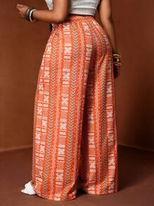 Slaydiva Spring/Summer New Vacation & Festival Multicolor Pattern Print Loose Fit Basic Wide Leg Trousers, Plus Size-A,Summer Pants - Multicolor - View 2